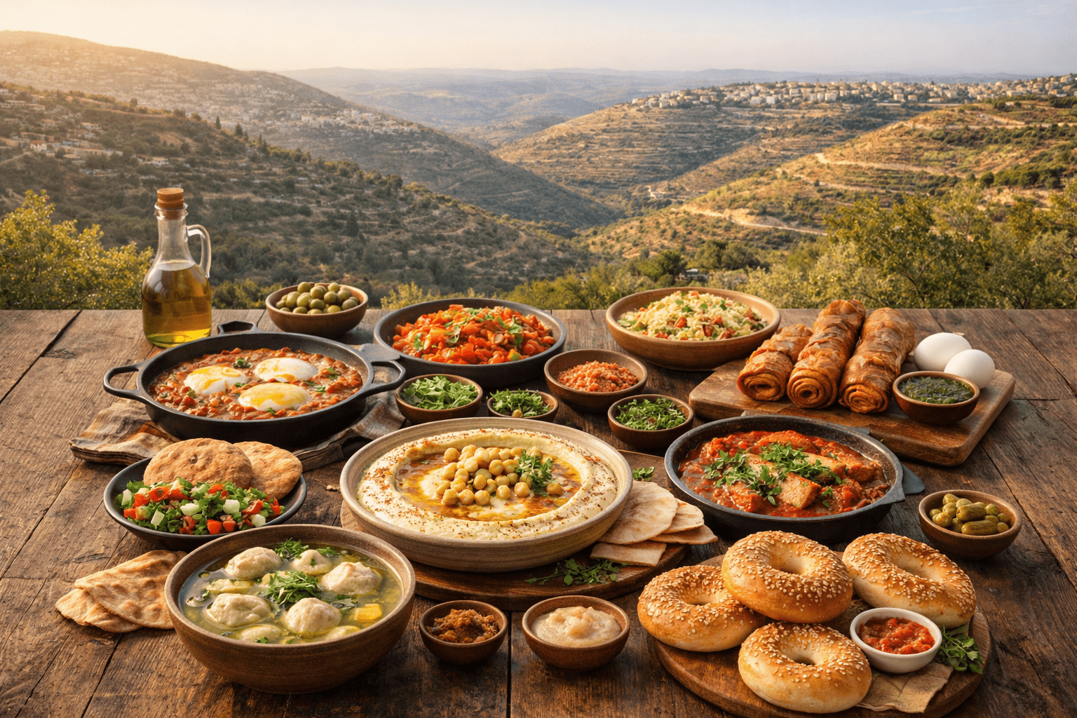 Israeli food displayed on a table in Judea & Samarea